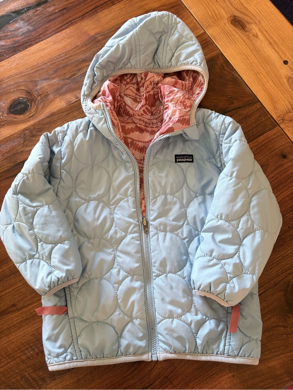 Patagonia Kids Light Blue Quilted Hooded Puffer, reversible